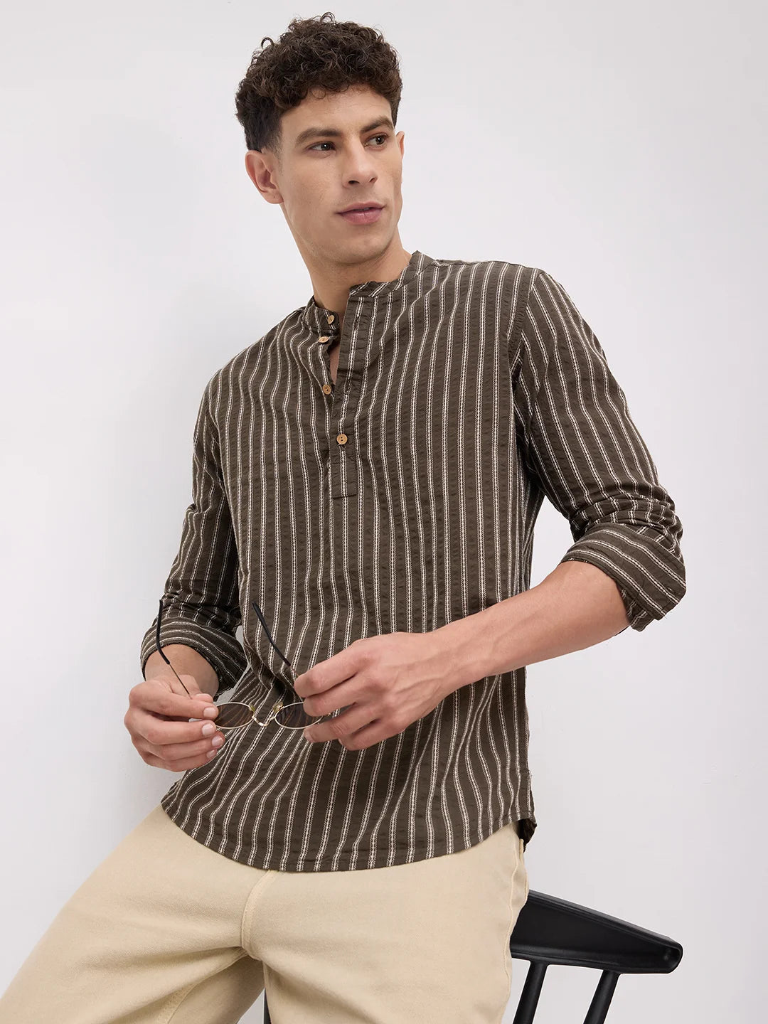 Elegant Olive Motif Striped Embroidered Kurta
