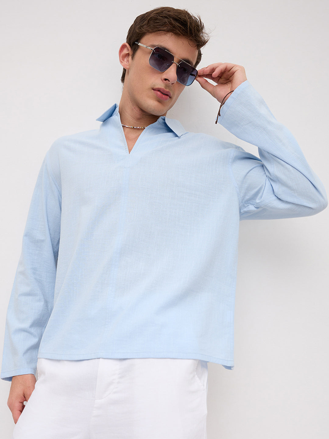 Refreshing Blue Slub Textured Center Seam Oversized Polo Shirt