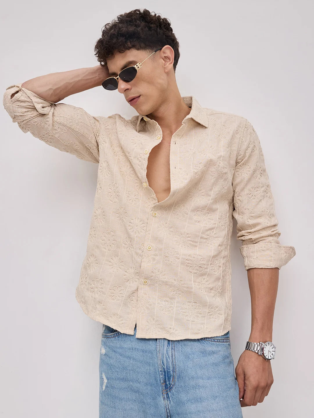 Serene Whispering Bloom Bisque Beige Embroidered Shirt