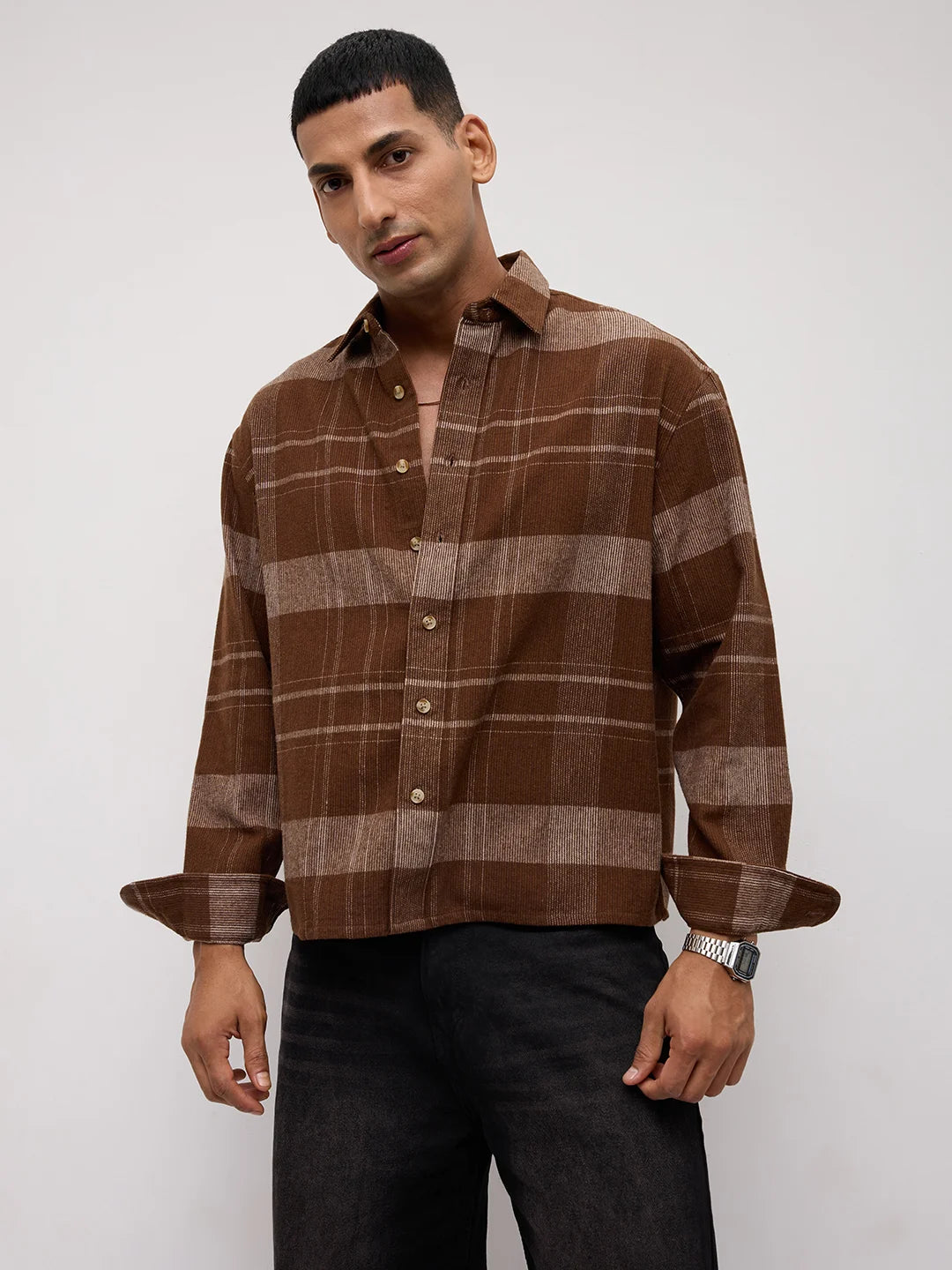 Brown & Beige Twill Checks Boxy Fit Crop Shirt