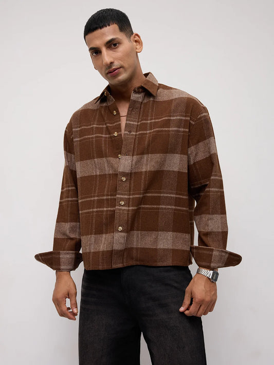 Brown & Beige Twill Checks Boxy Fit Crop Shirt