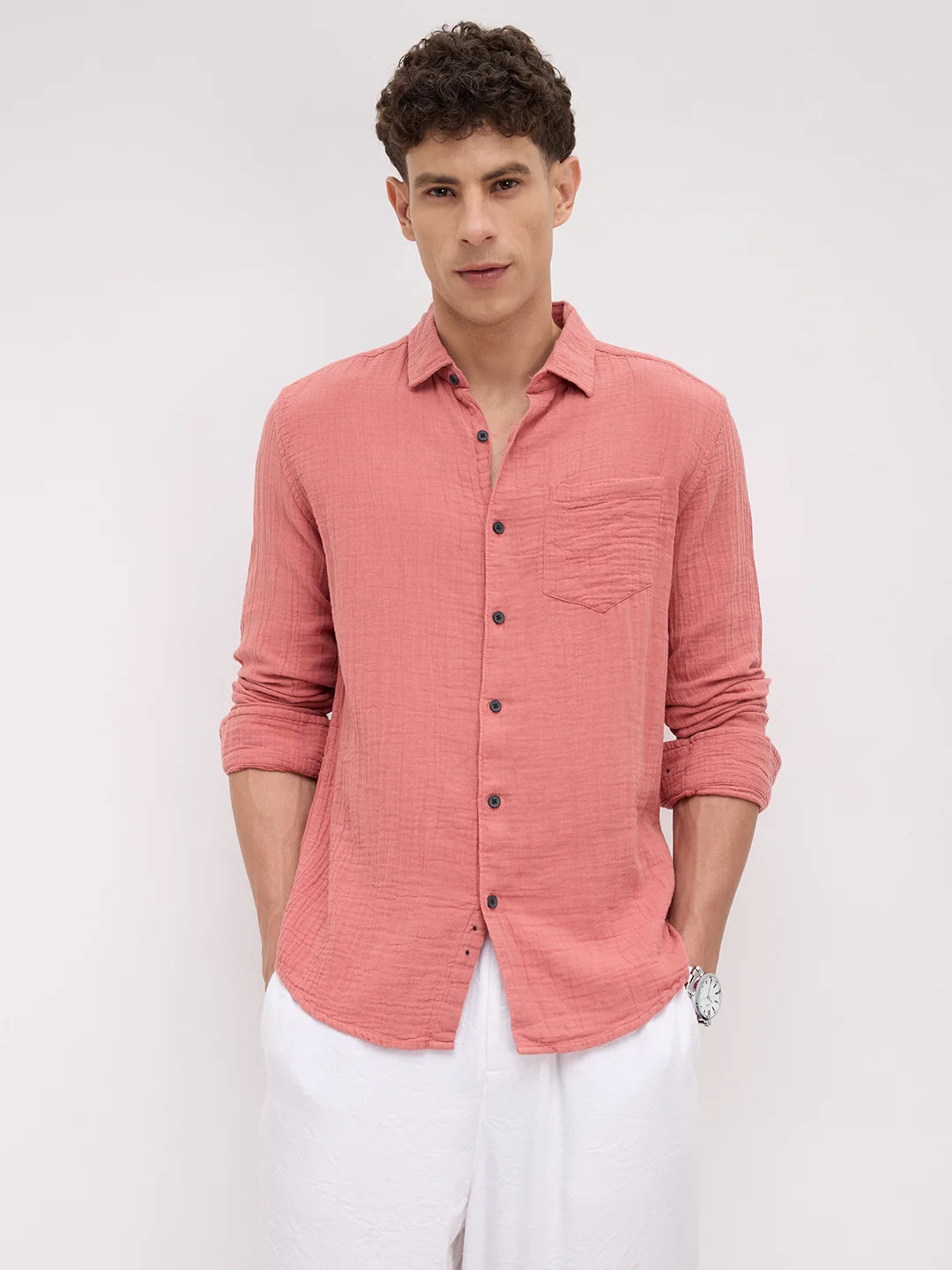 Dusty Coral Crinkled Double Cloth Shirt