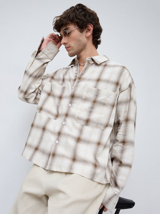 Beige & Brown Twin Pocket Boxy Fit Crop Shirt