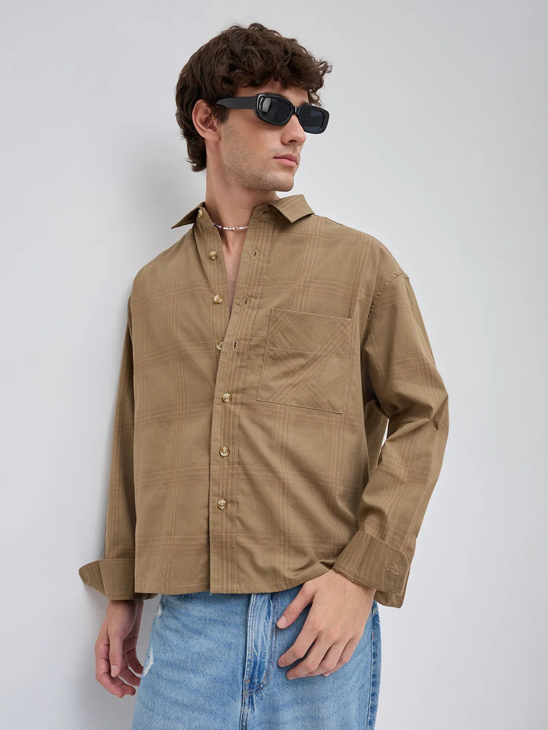  Brown Plaid Checks Boxy Fit Crop Shirt