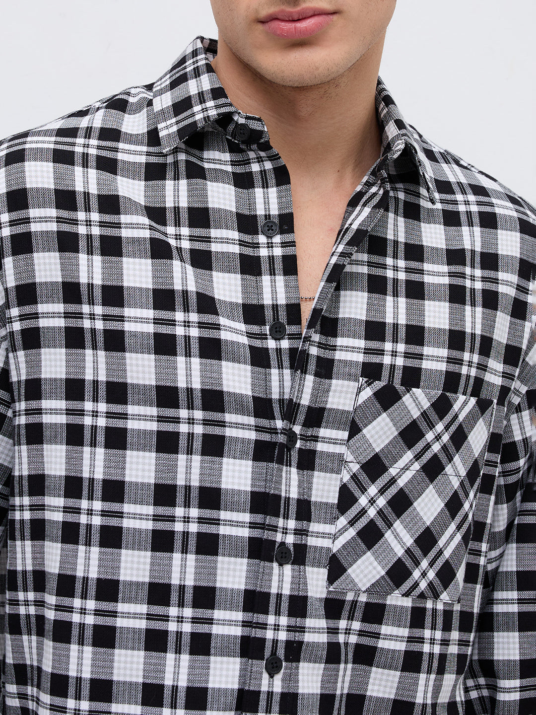 Timeless Monochrome Plaid Checks Cuffless Oversized Crop Shirt