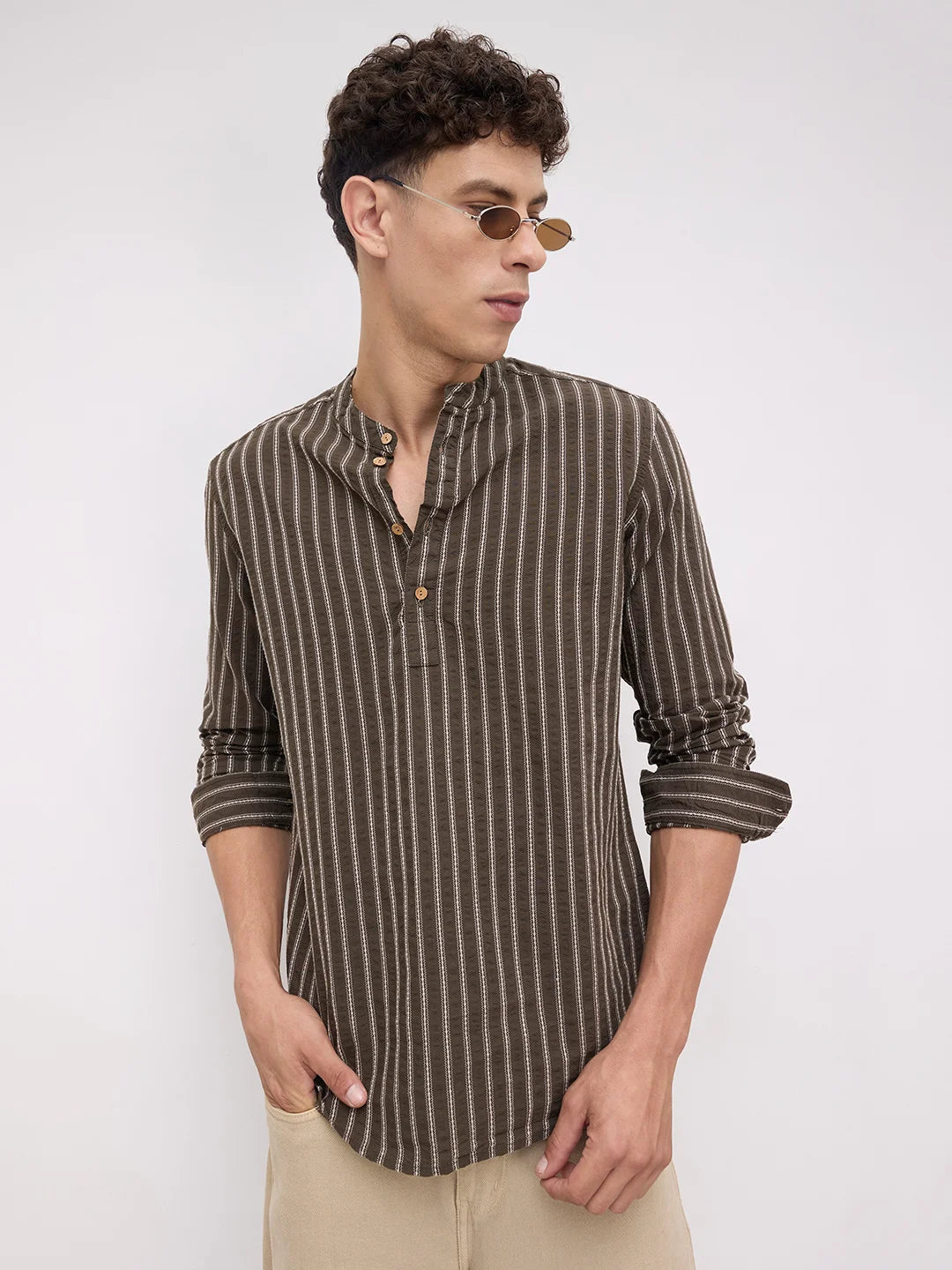 Elegant Olive Motif Striped Embroidered Kurta
