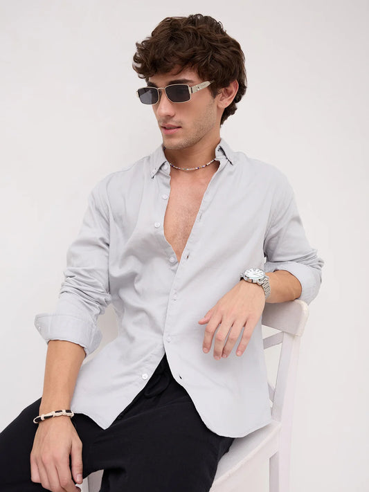 Cloud Grey Herringbone Textured Button-Down Shirt