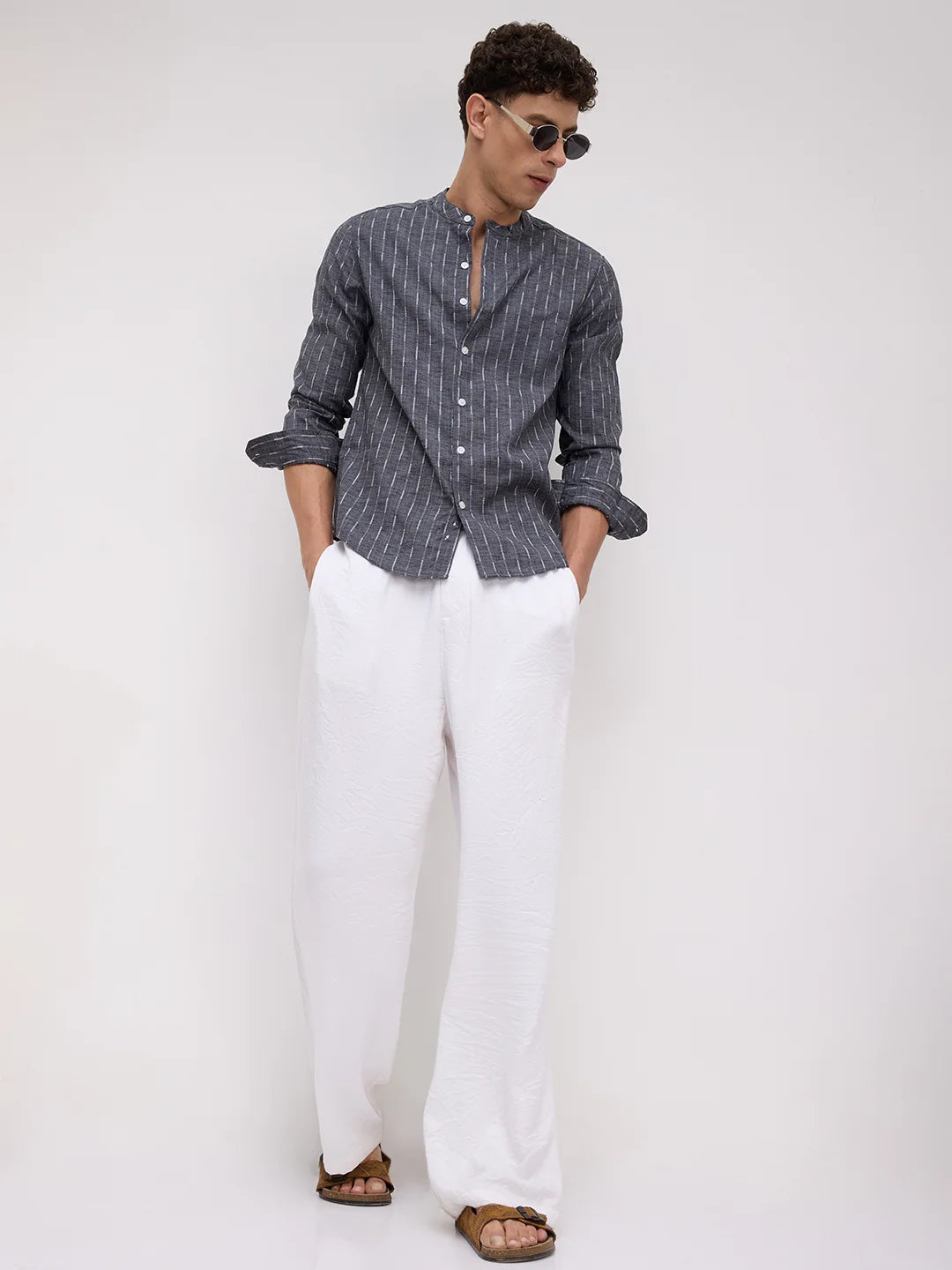 Charcoal Black Shadowweft Striped Mandarin Shirt