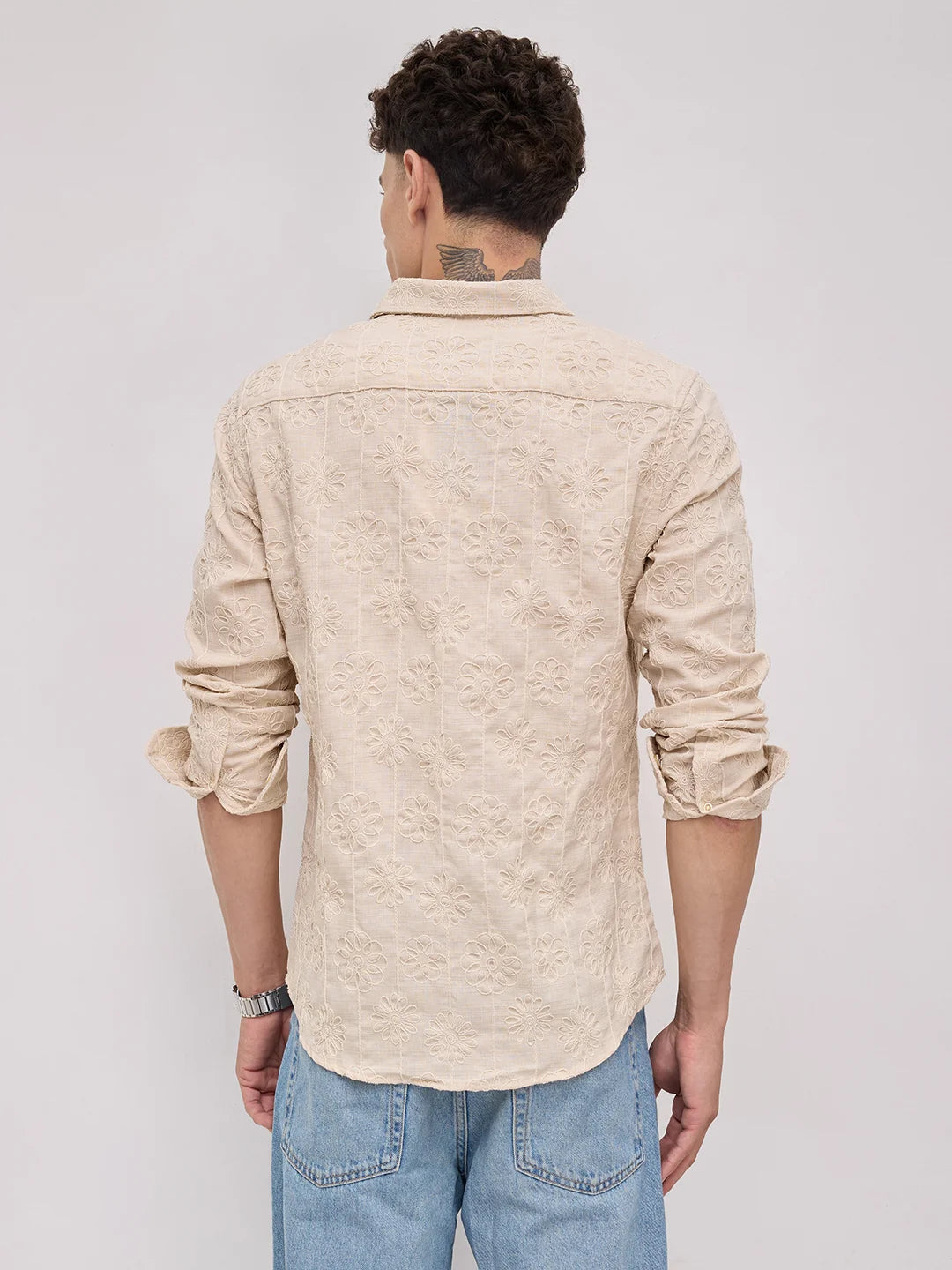Serene Whispering Bloom Bisque Beige Embroidered Shirt