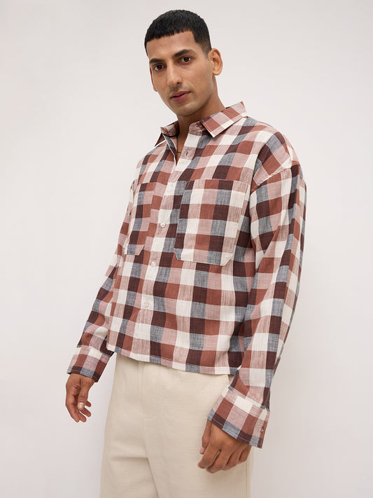 Elevated Maroon Block Checks Twin Pocket Boxy Fit Crop Shirt