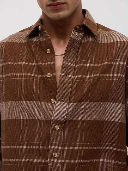 Brown & Beige Twill Checks Boxy Fit Crop Shirt