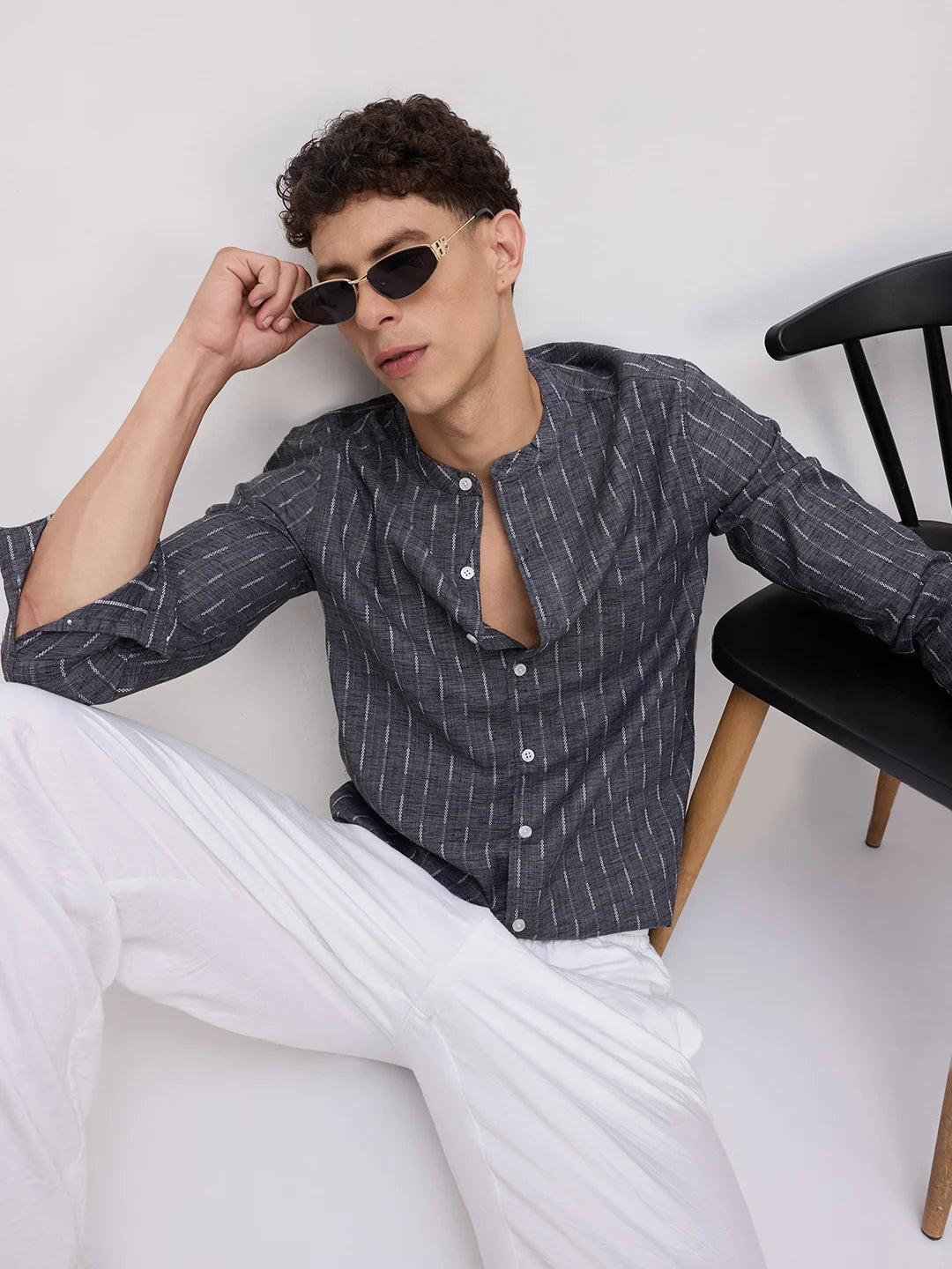 Charcoal Black Shadowweft Striped Mandarin Shirt