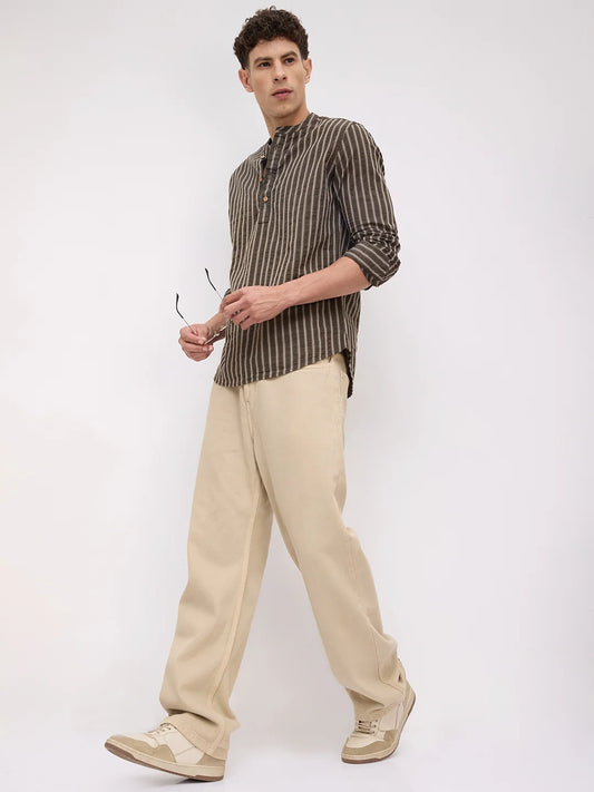 Elegant Olive Motif Striped Embroidered Kurta