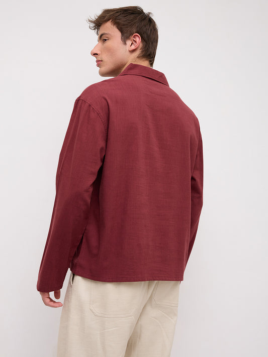 Maroon Slub Textured Center Seam Oversized Polo Shirt