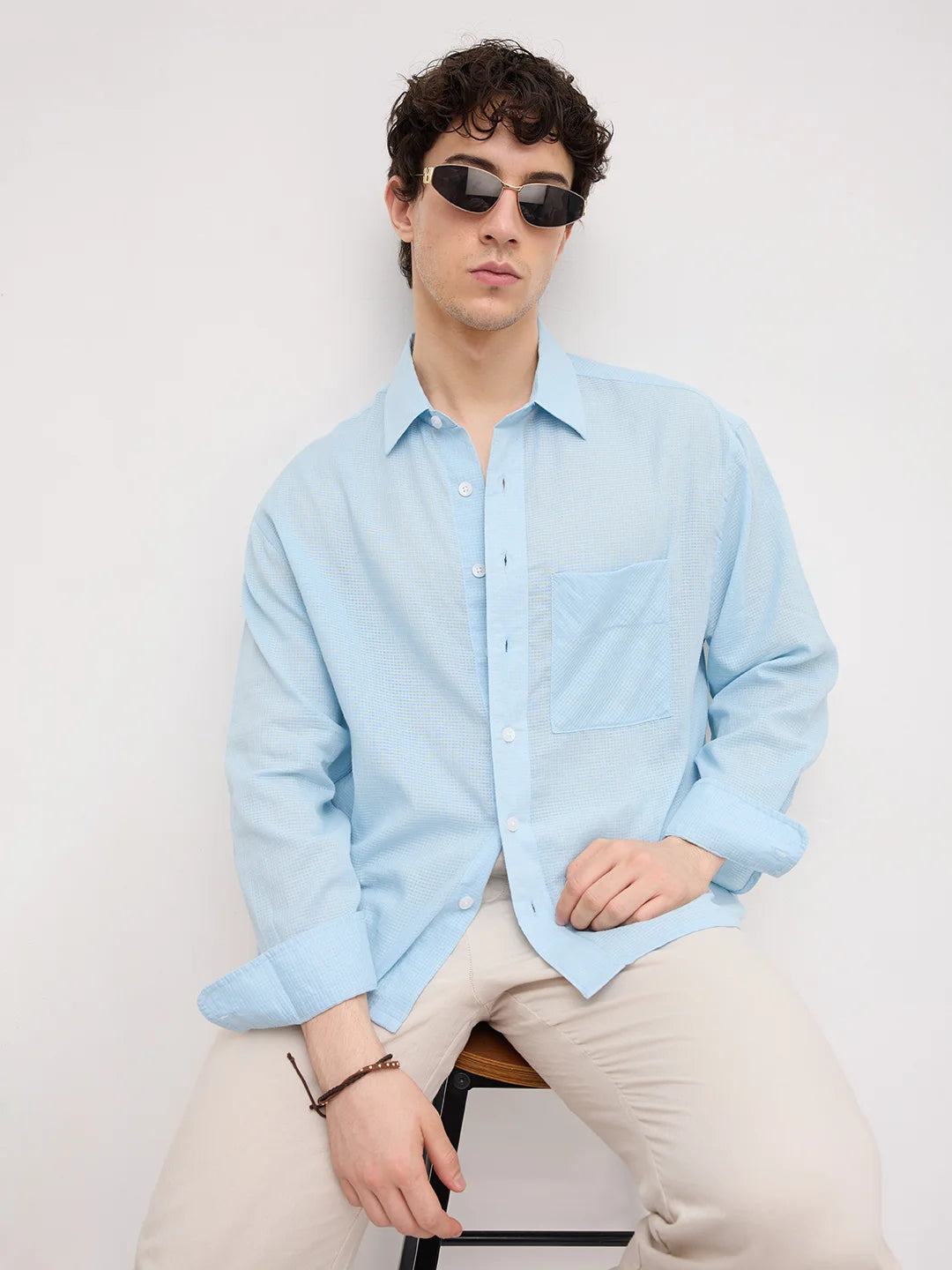 Sheer Blue Gingham Checks Boxy Fit Crop Shirt