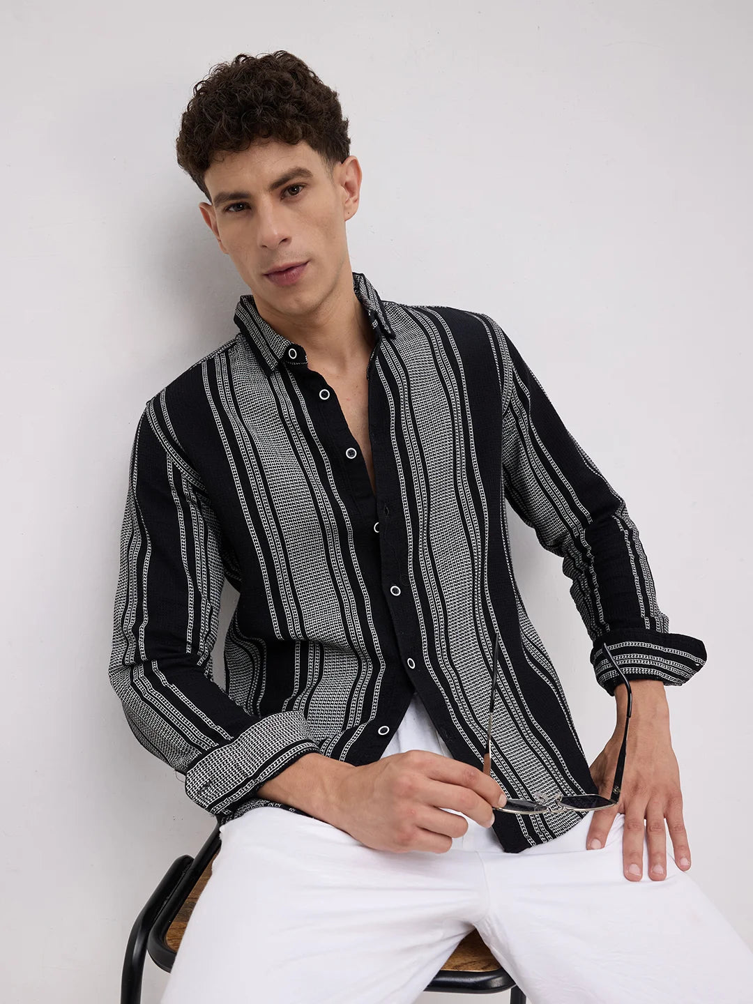 Monochrome Handloom Finish Panel Luxe Shirt