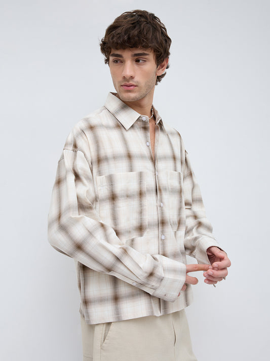 Beige & Brown Twin Pocket Boxy Fit Crop Shirt