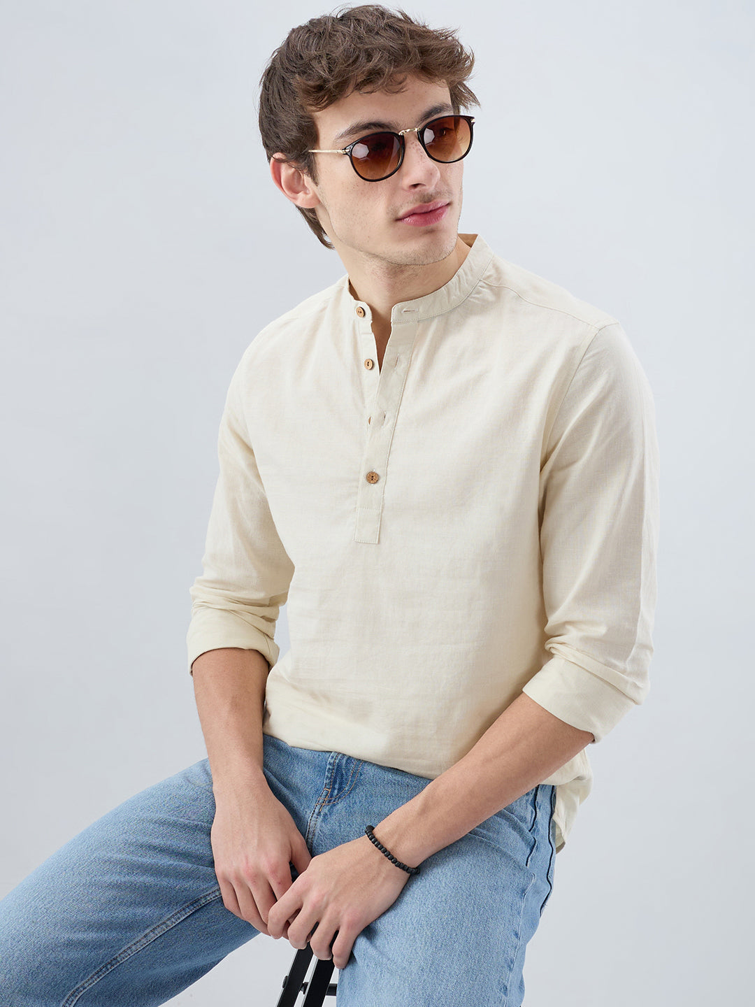 Cream Slub Textured Linen Blend Kurta