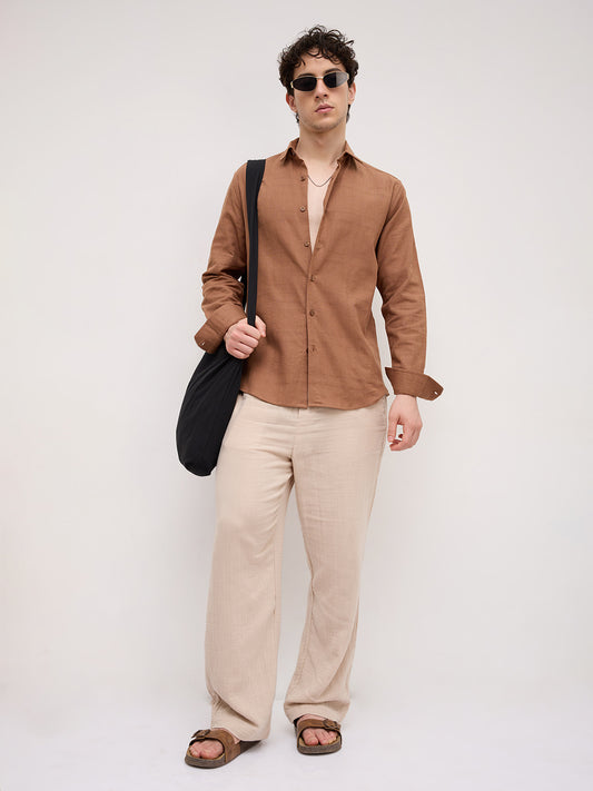 Russet Brown Crossgrain Micro Textured Shirt