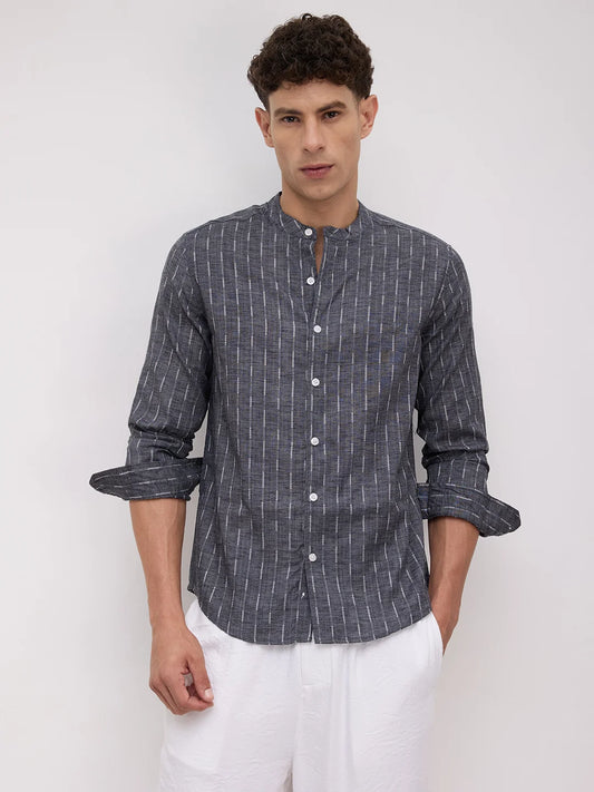 Charcoal Black Shadowweft Striped Mandarin Shirt