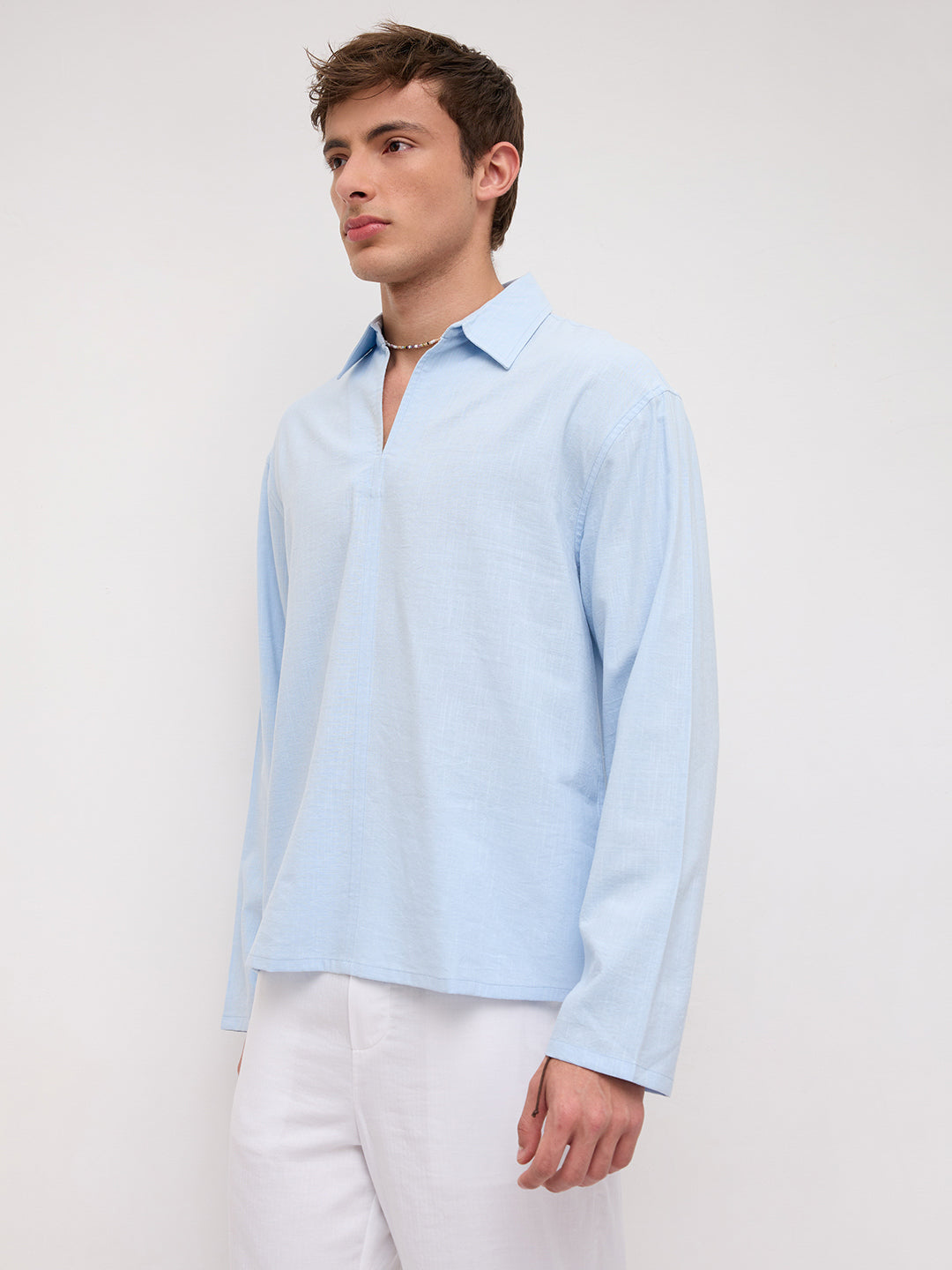 Refreshing Blue Slub Textured Center Seam Oversized Polo Shirt