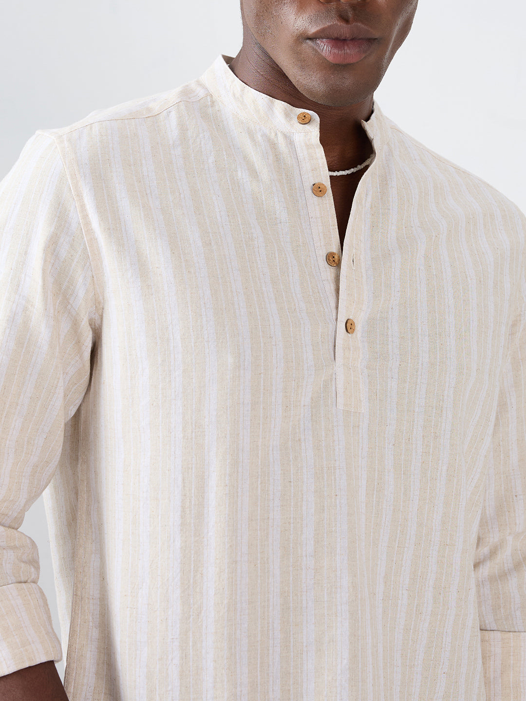 Natural Beige Fiber Grain Striped Weave Linen Blend Kurta