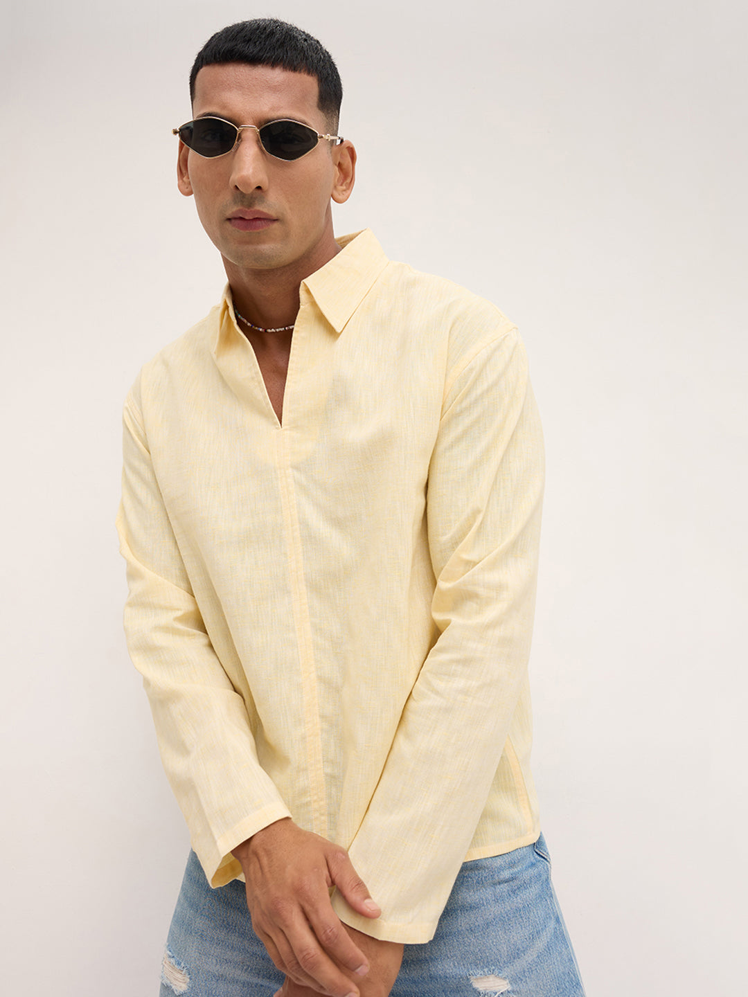 Dazzling Yellow Textured Center Seam Oversized Polo Shirt