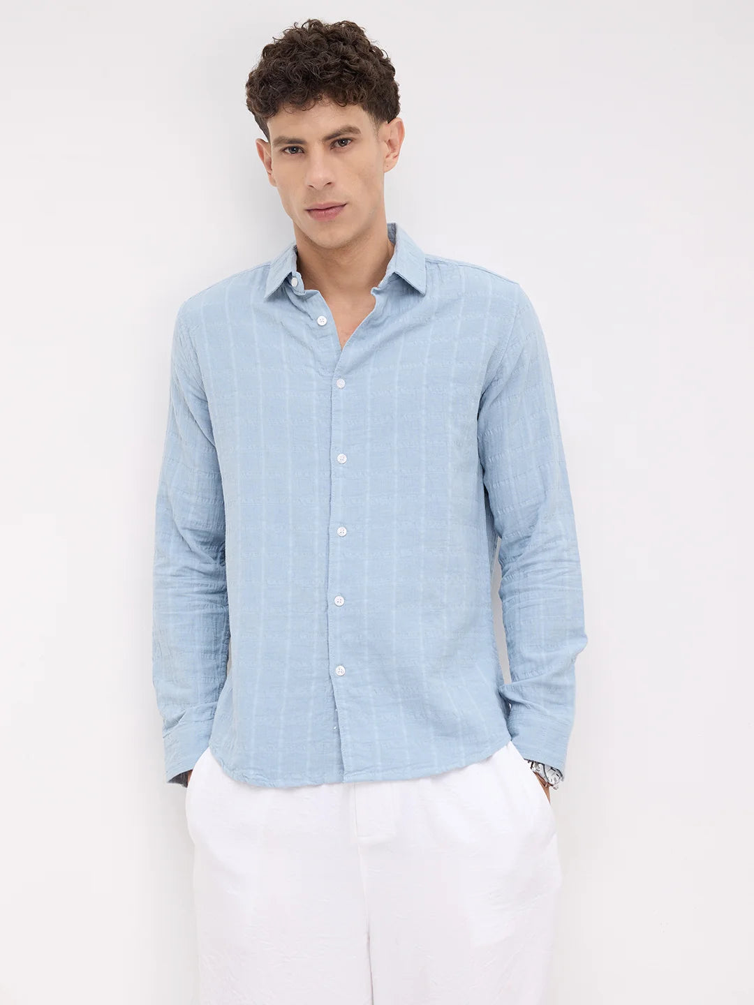 Premium Ice Mist Grid Emboss Double Cloth Shirt
