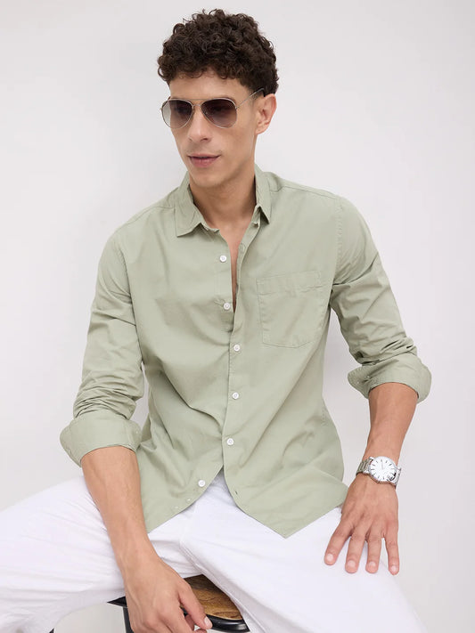 Plush Asparagus Green Peach Finish Poplin Shirt