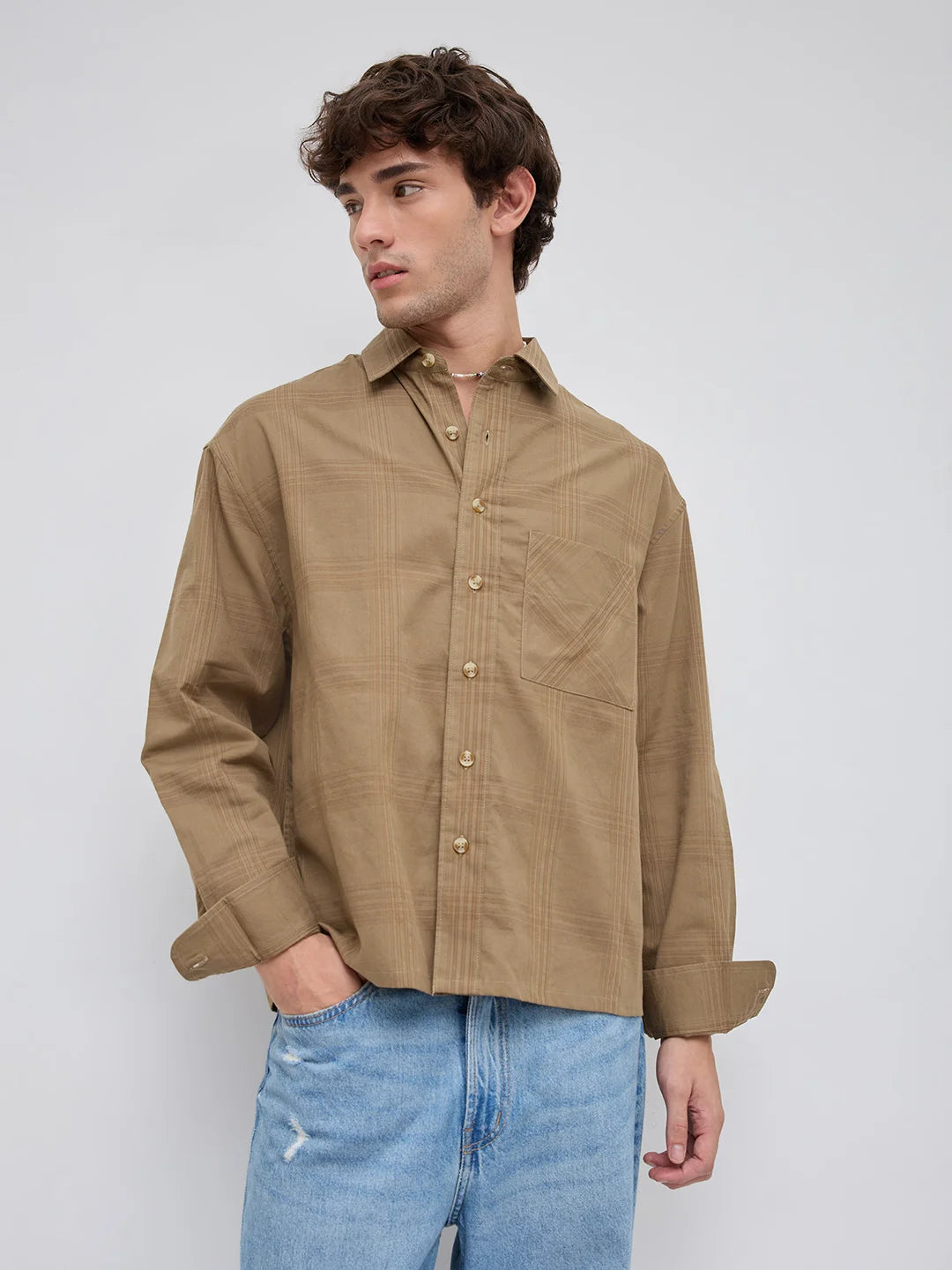  Brown Plaid Checks Boxy Fit Crop Shirt