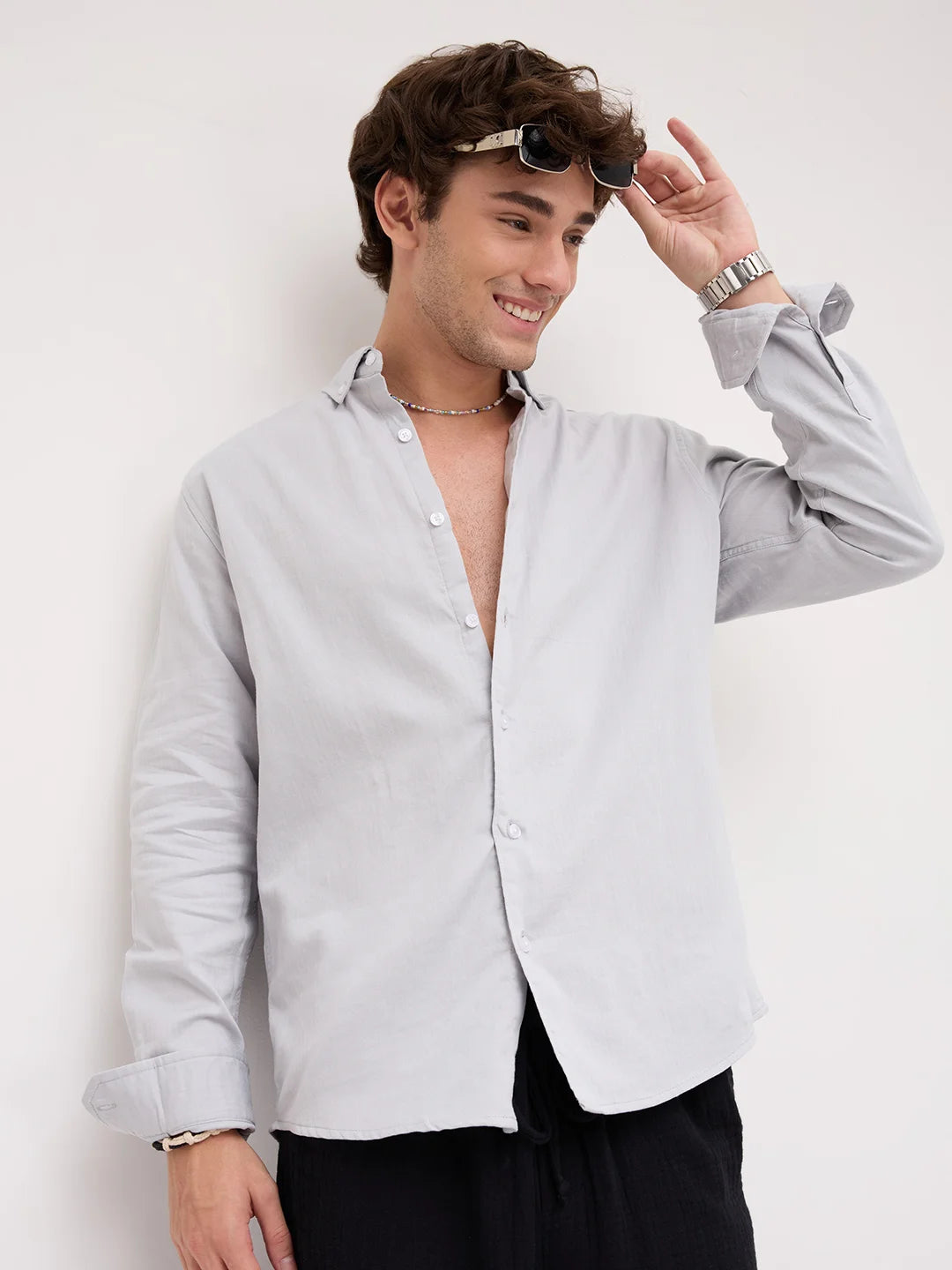 Cloud Grey Herringbone Textured Button-Down Shirt