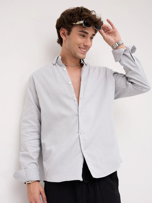 Cloud Grey Herringbone Textured Button-Down Shirt