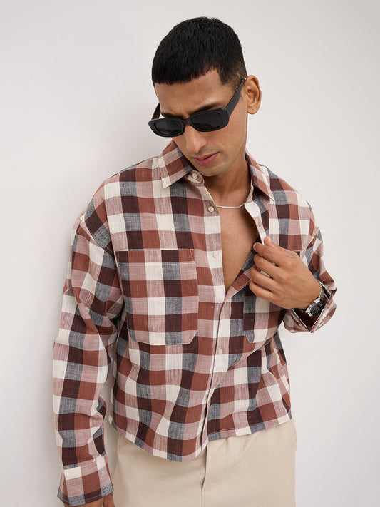 Elevated Maroon Block Checks Twin Pocket Boxy Fit Crop Shirt