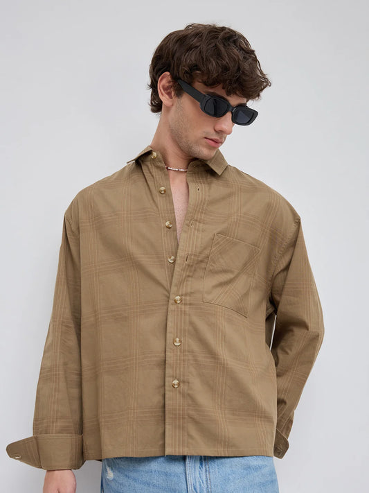  Brown Plaid Checks Boxy Fit Crop Shirt