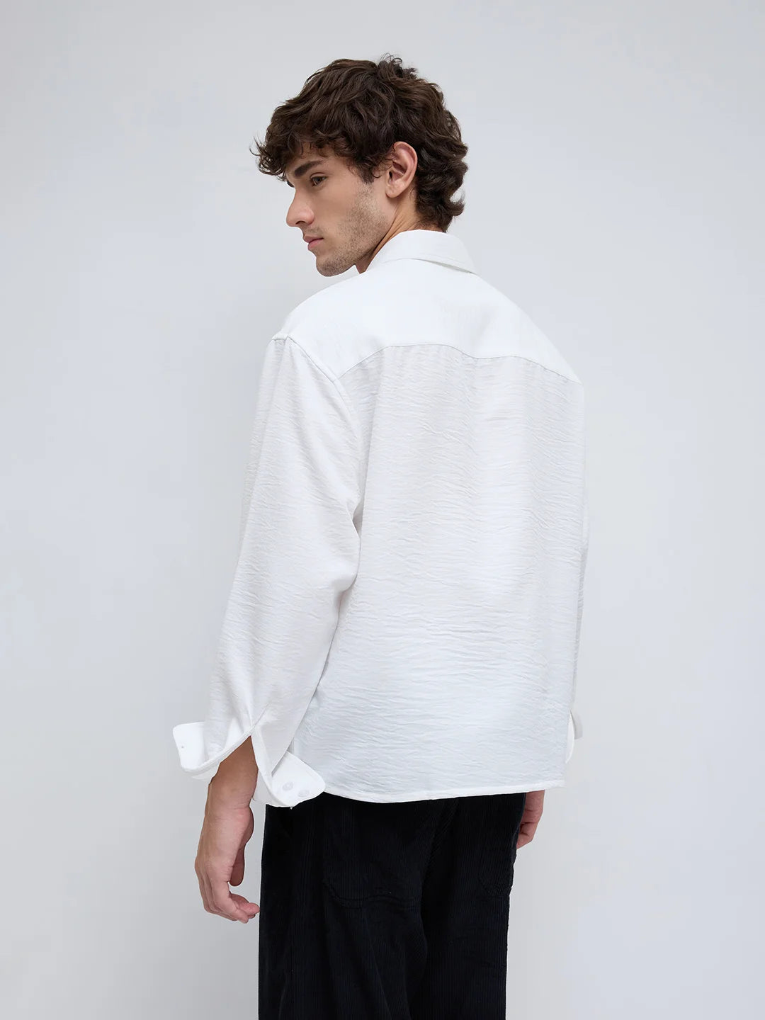Snow White Crinkled Weave Boxy Fit Crop Shirt