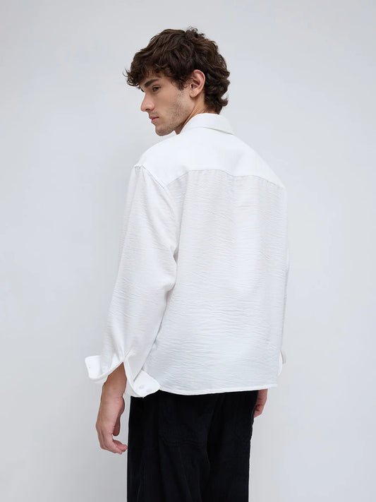 Snow White Crinkled Weave Boxy Fit Crop Shirt