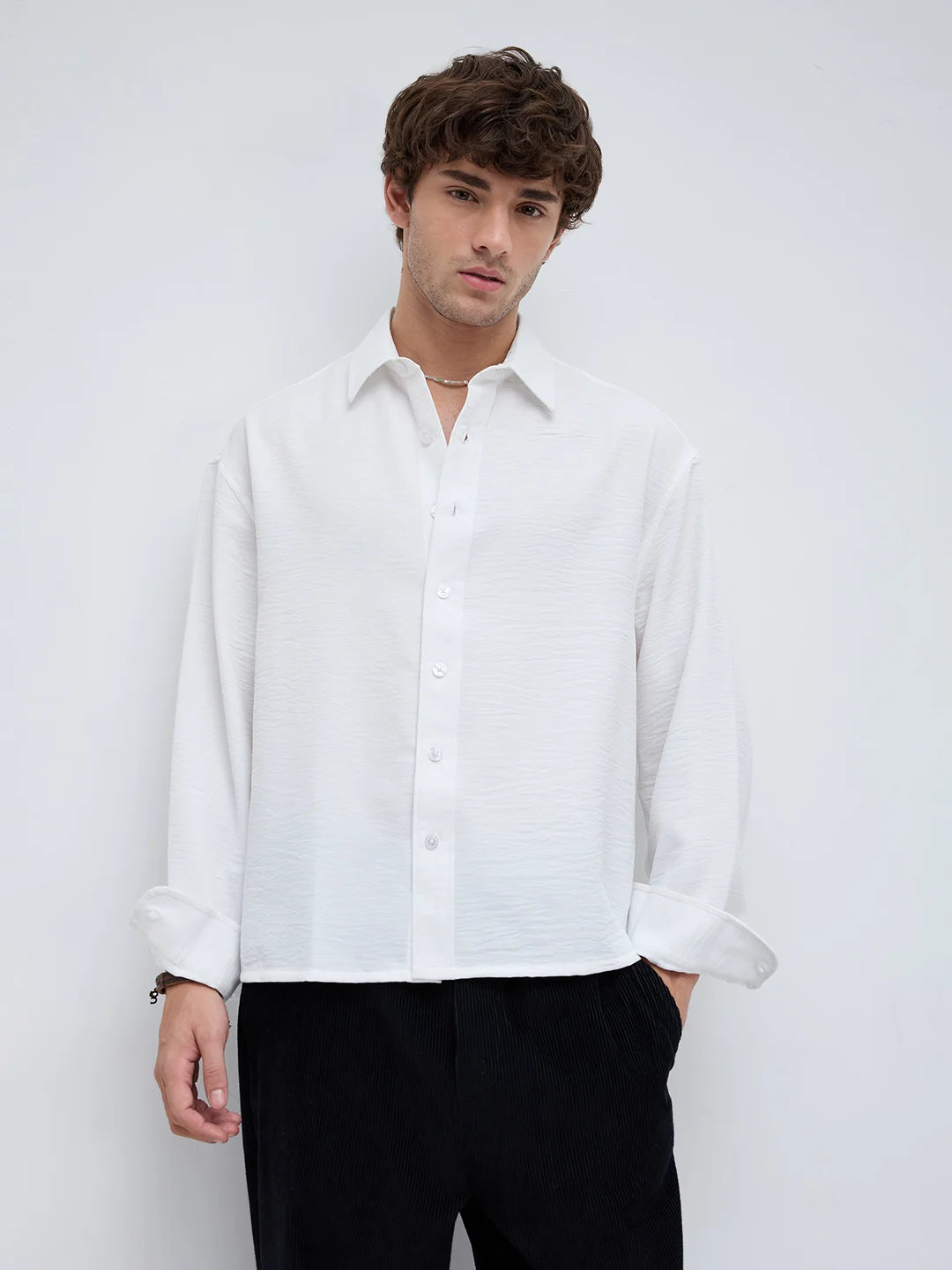 Snow White Crinkled Weave Boxy Fit Crop Shirt