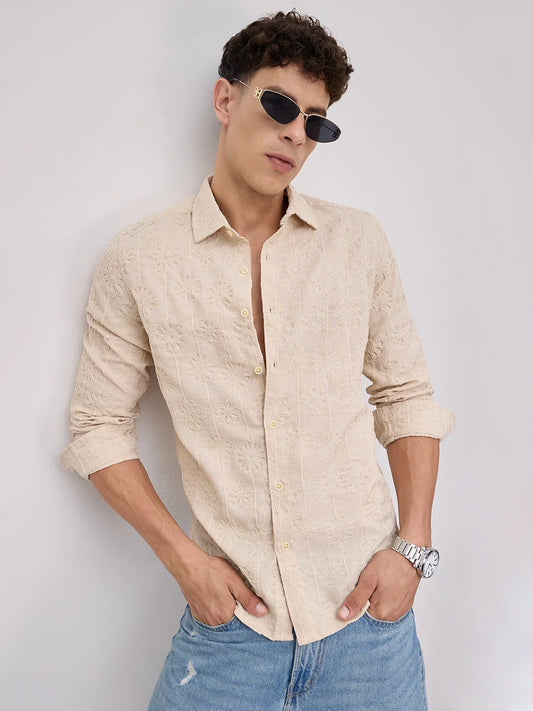 Serene Whispering Bloom Bisque Beige Embroidered Shirt