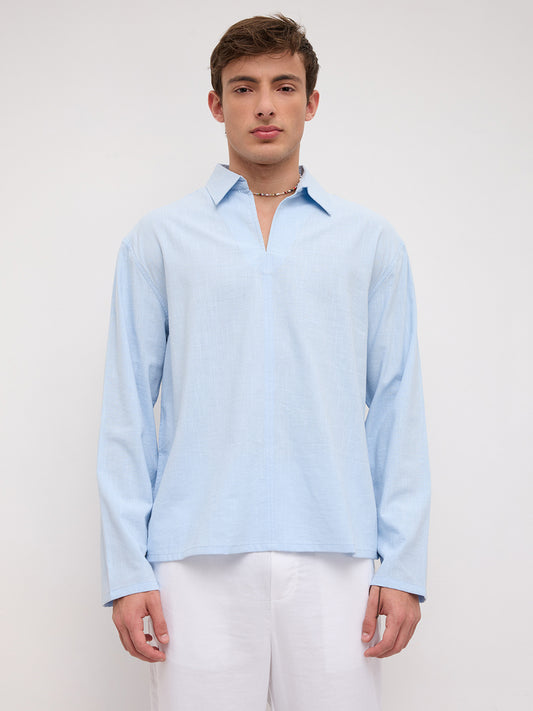 Refreshing Blue Slub Textured Center Seam Oversized Polo Shirt