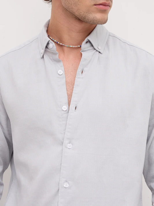 Cloud Grey Herringbone Textured Button-Down Shirt