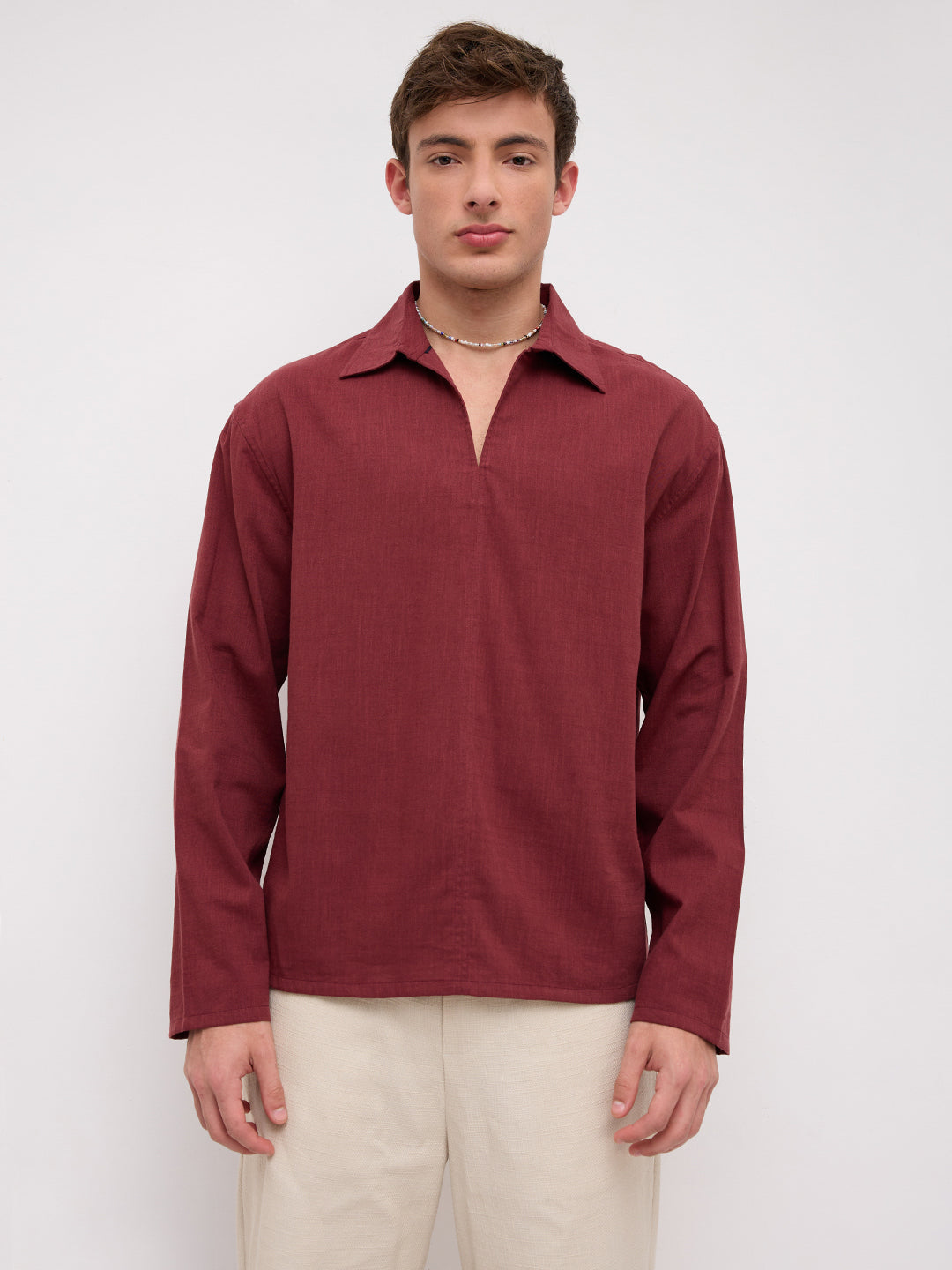 Maroon Slub Textured Center Seam Oversized Polo Shirt