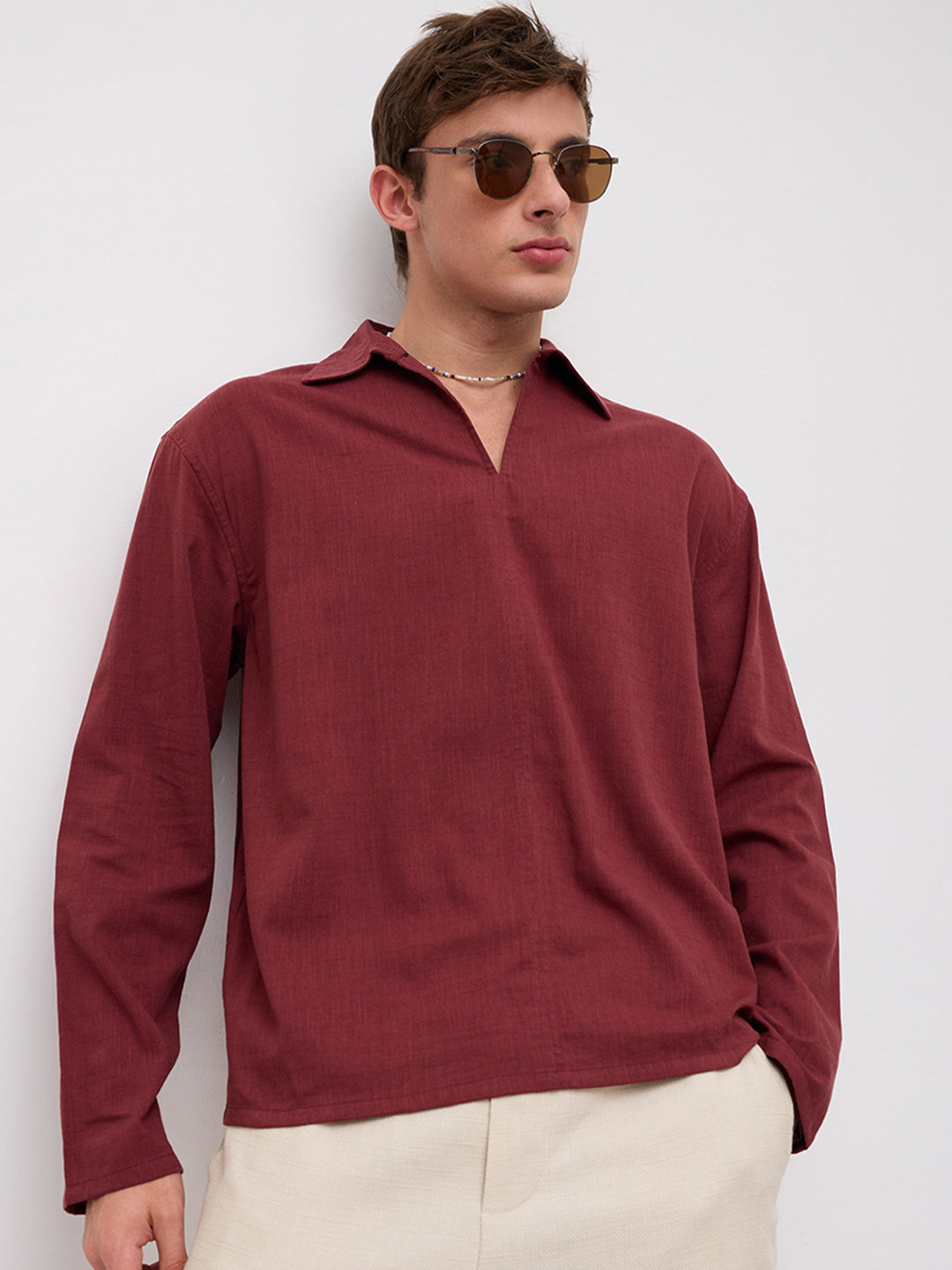 Maroon Slub Textured Center Seam Oversized Polo Shirt