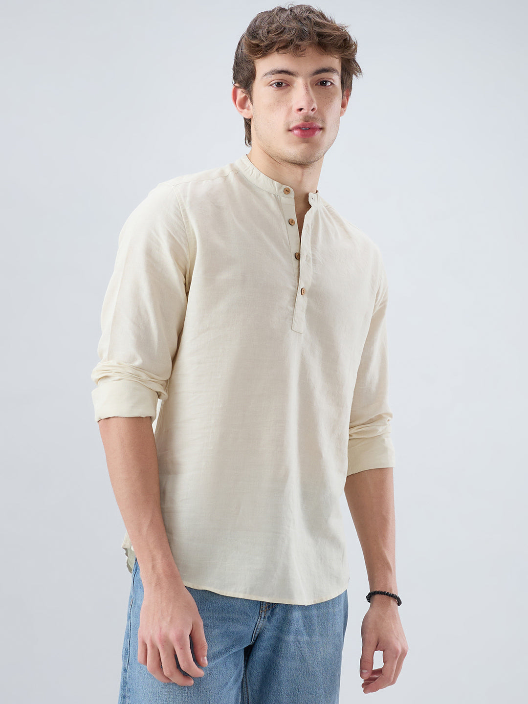 Cream Slub Textured Linen Blend Kurta
