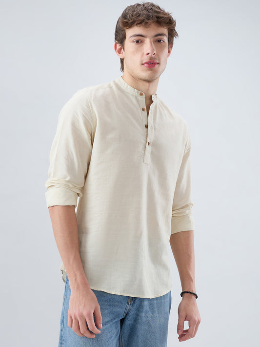 Cream Slub Textured Linen Blend Kurta