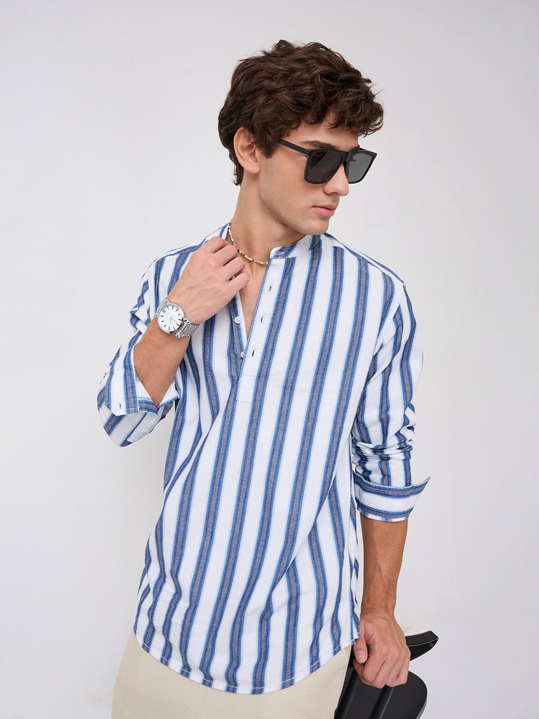 Coastal Denim Rhythm Loom Multi-Striped Kurta