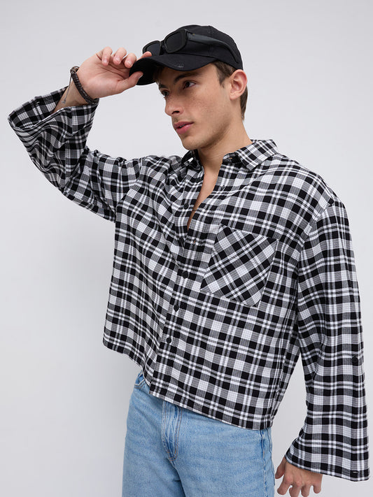 Timeless Monochrome Plaid Checks Cuffless Oversized Crop Shirt