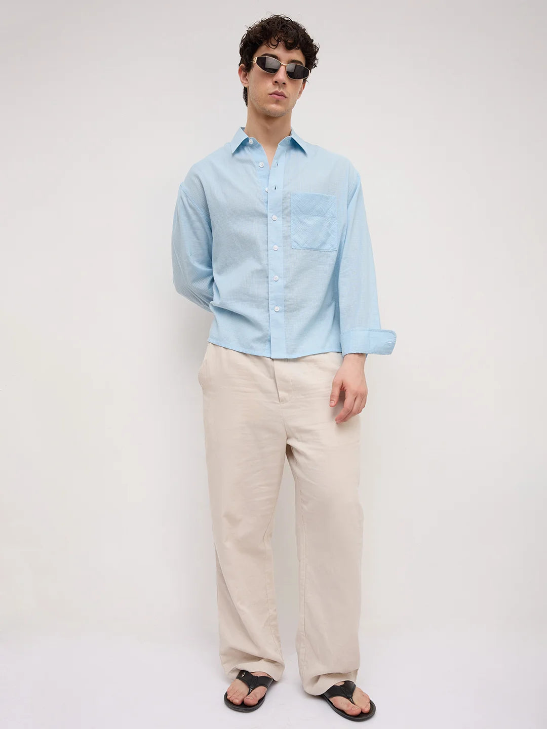 Sheer Blue Gingham Checks Boxy Fit Crop Shirt