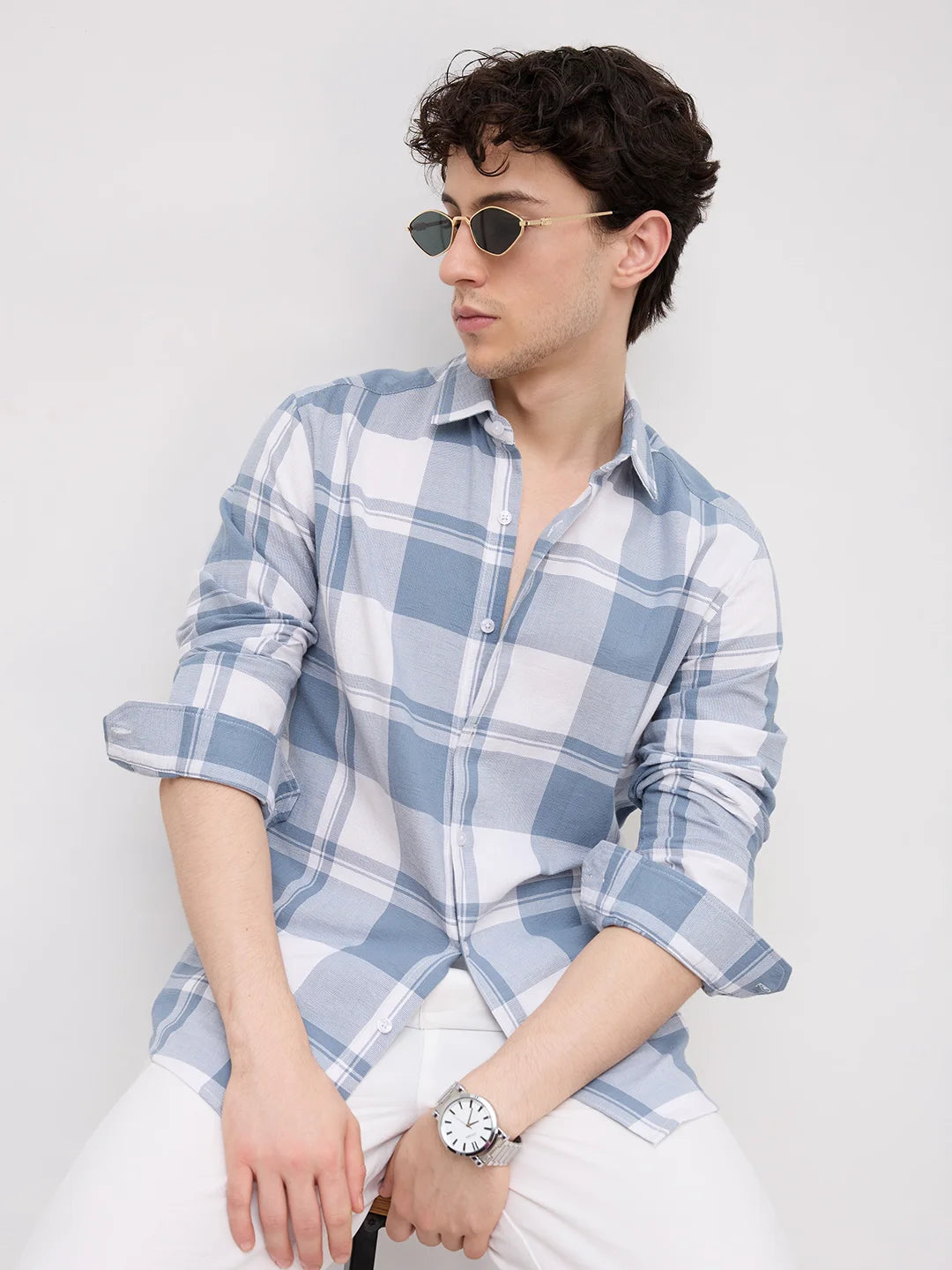 Timeless Slate Blue & White Plaid Checks Shirt