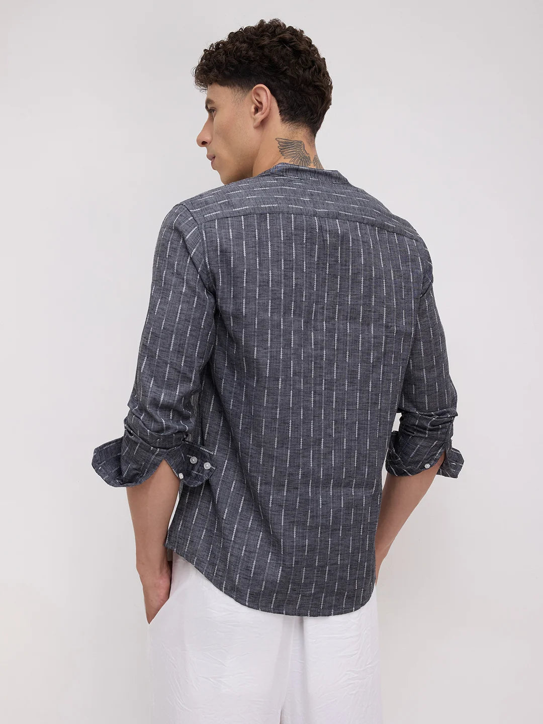 Charcoal Black Shadowweft Striped Mandarin Shirt