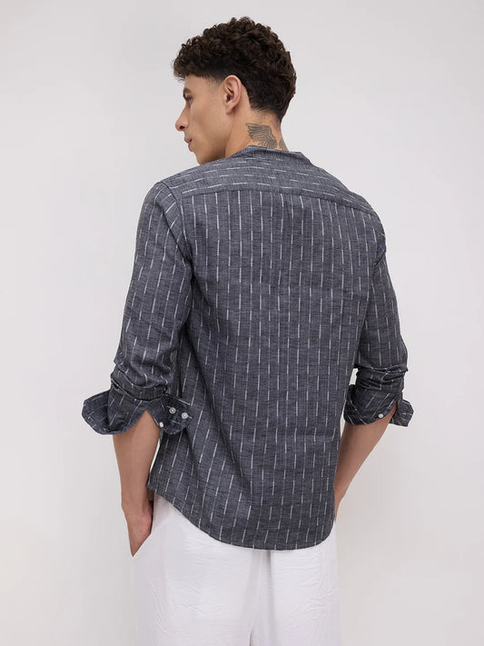 Charcoal Black Shadowweft Striped Mandarin Shirt